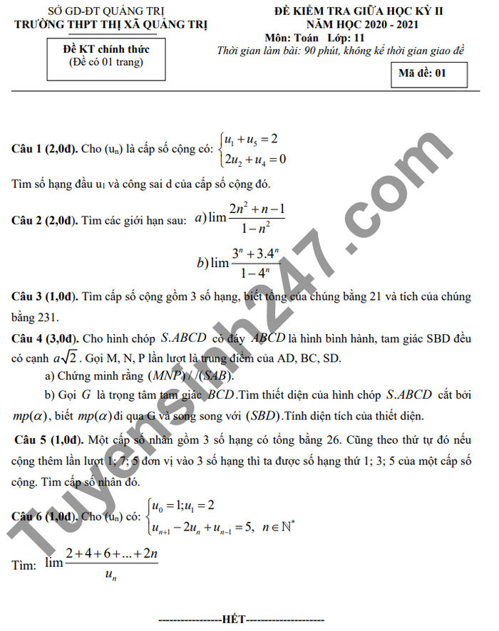Đề thi giữa kì 2 THPT Thị Xã Quảng Trị lớp 11 môn Toán 2021 - Có đáp án