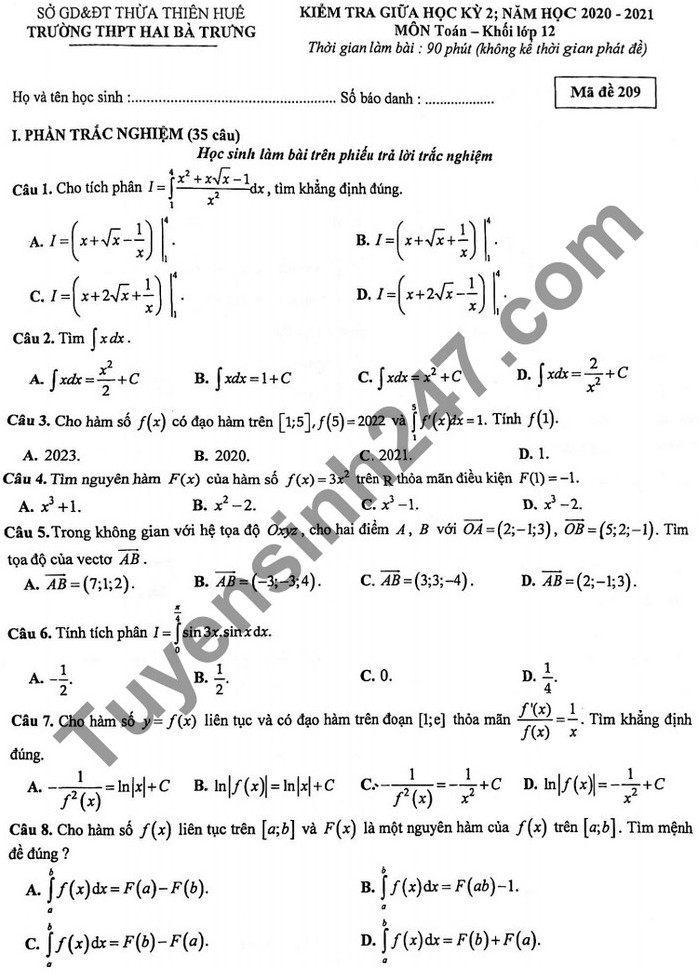Đề thi giữa kì 2 THPT Hai Bà Trưng Toán 12 năm 2021 - Có đáp án