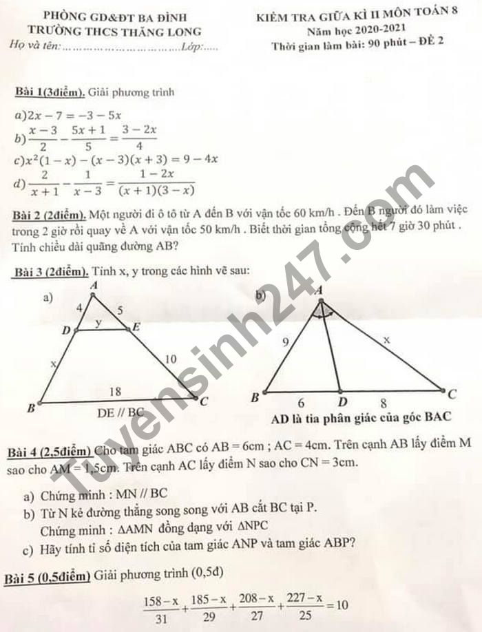 Đề thi giữa học kì 2 lớp 8 môn Toán - THCS Thăng Long 2021