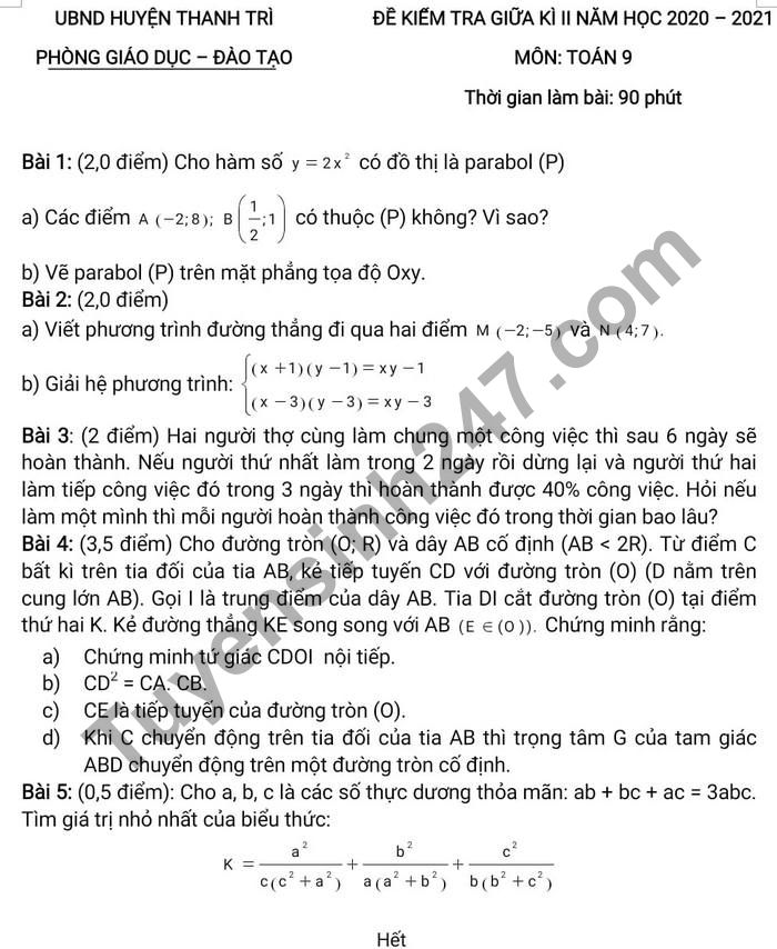 Đề thi giữa học kì 2 môn Toán lớp 9 Huyện Thanh Trì 2021