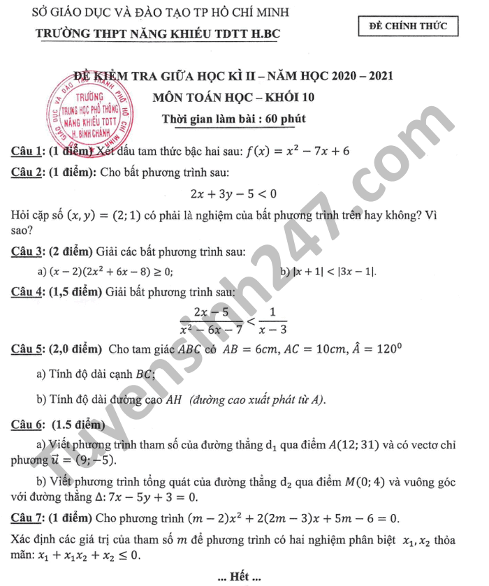 Đề thi giữa kì 2 Toán lớp 10 2021 THPT Năng Khiếu TDTT Bình Chánh