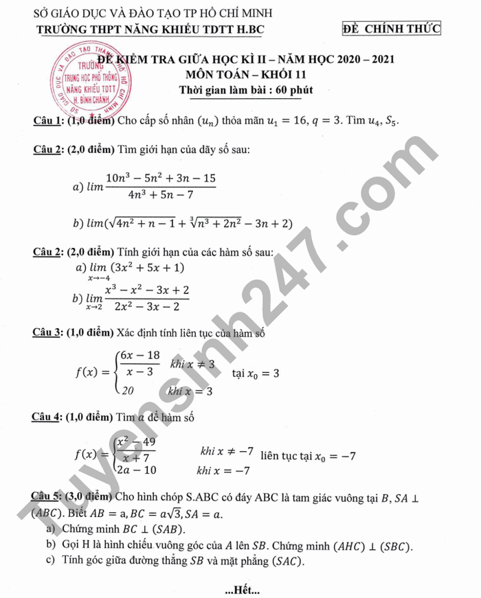 Đề thi giữa học kì 2 2021 THPT Năng Khiếu TDTT Bình Chánh Toán lớp 11