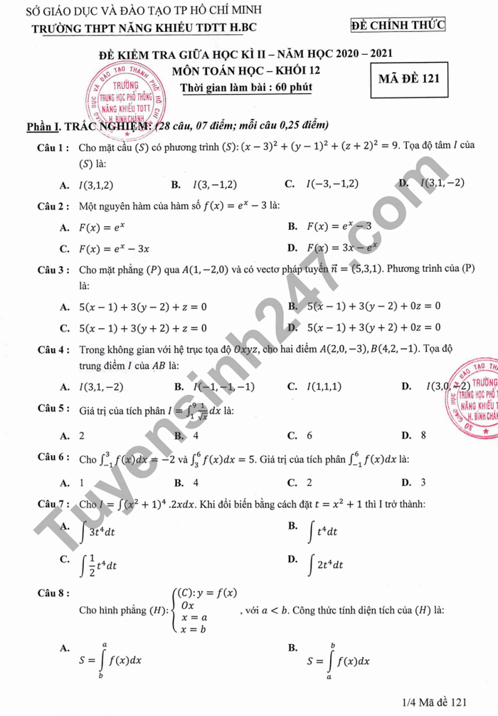 Đề thi giữa kì 2 Toán lớp 12 THPT Năng Khiếu TDTT Bình Chánh năm 2021