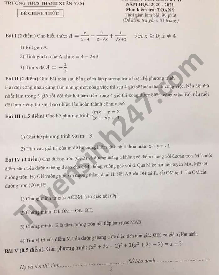 Đề thi giữa học kì 2 môn Toán lớp 9 2021 THCS Thanh Xuân Nam