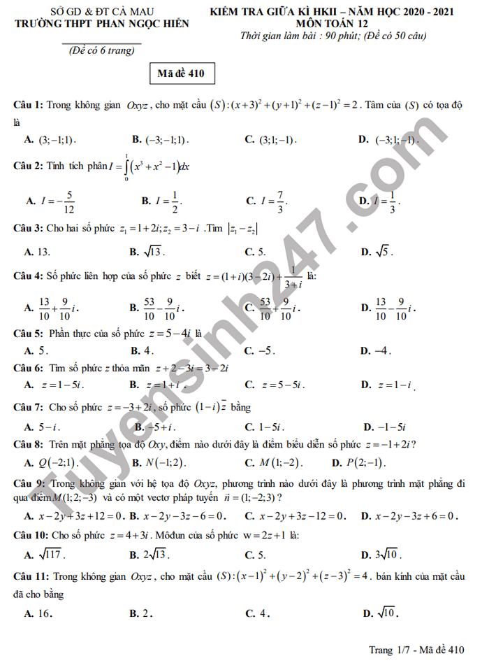 Đáp án đề thi giữa kì 2 THPT Phan Ngọc Hiển năm 2021 môn Toán lớp 12