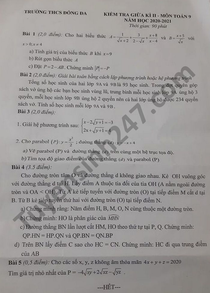 Đề thi giữa kì 2 THCS Đống Đa lớp 9 môn Toán năm 2021