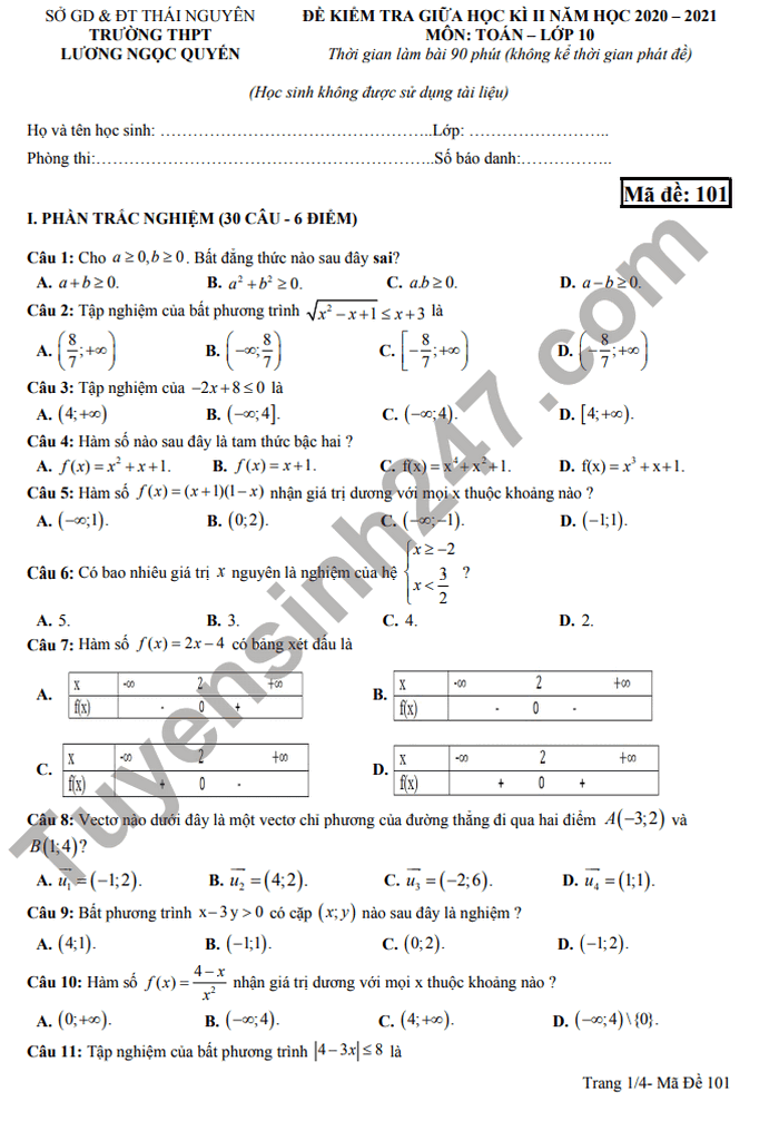 Đề thi giữa kì 2 lớp 10 môn Toán 2021 THPT Lương Ngọc Quyến