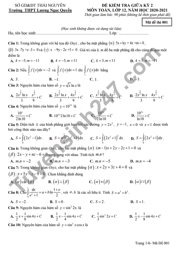 Đề thi giữa kì 2 năm 2021 Toán lớp 12 THPT Lương Ngọc Quyến
