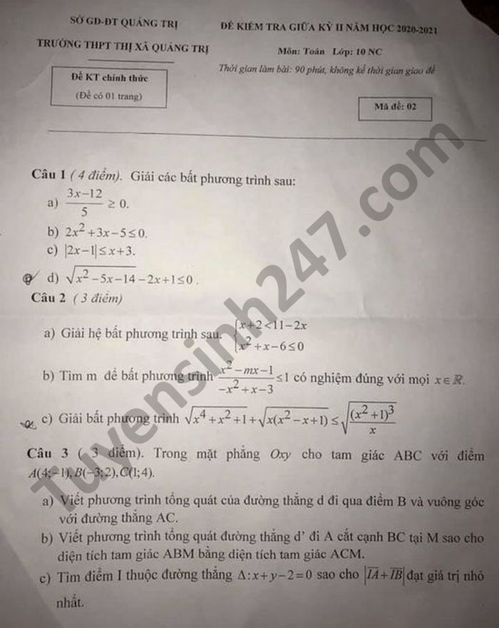 Đề thi giữa học kì 2 THPT TX Quảng Trị năm 2021 môn Toán lớp 10