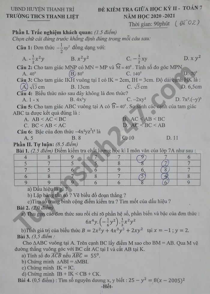 Đề thi giữa học kì 2 THCS Thanh Liệt năm 2021 môn Toán lớp 7