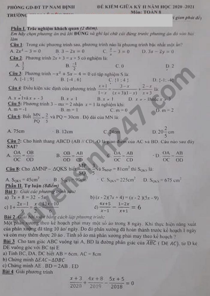 Đề thi giữa kì 2 môn Toán lớp 8 năm 2021 THCS Lê Đức Thọ