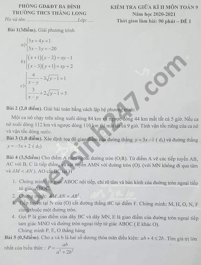 Đề thi giữa học kì 2 môn Toán lớp 9 năm 2021 THCS Thăng Long