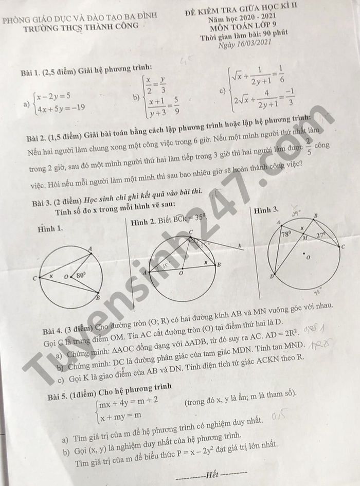 Đề thi giữa kì 2 năm 2021 THCS Thành Công môn Toán  lớp 9 