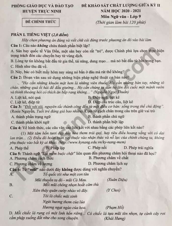 Đề thi giữa học kì 2 lớp 9 năm 2021 môn Văn huyện Trực Ninh 