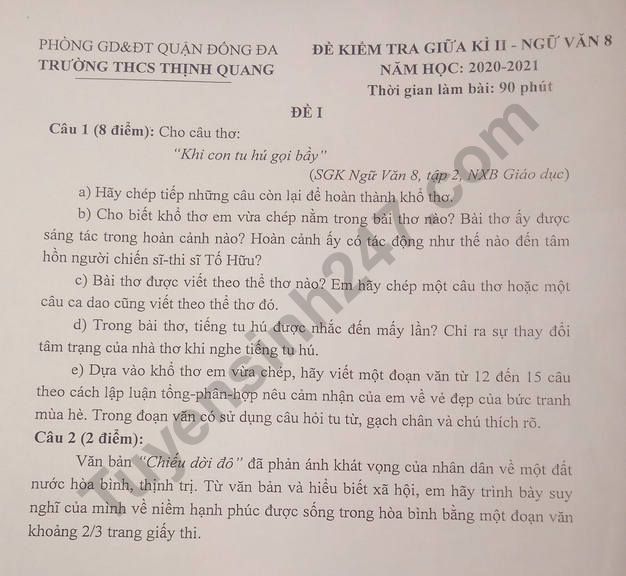 Đề thi giữa kì 2 lớp 8 môn Văn 2021 - THCS Thịnh Quang