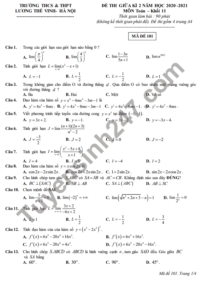 Đề thi giữa học kì 2 năm 2021 Toán lớp 11 THCS-THPT Lương Thế Vinh 