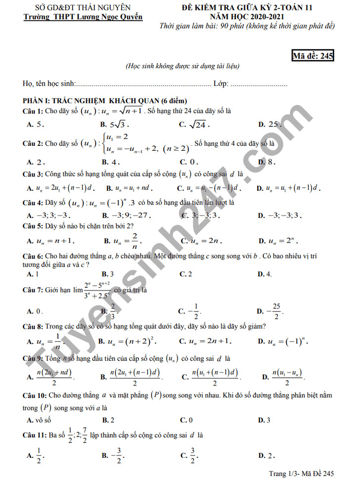 Đề thi giữa kì 2 THPT Lương Ngọc Quyến 2021 môn Toán lớp 11
