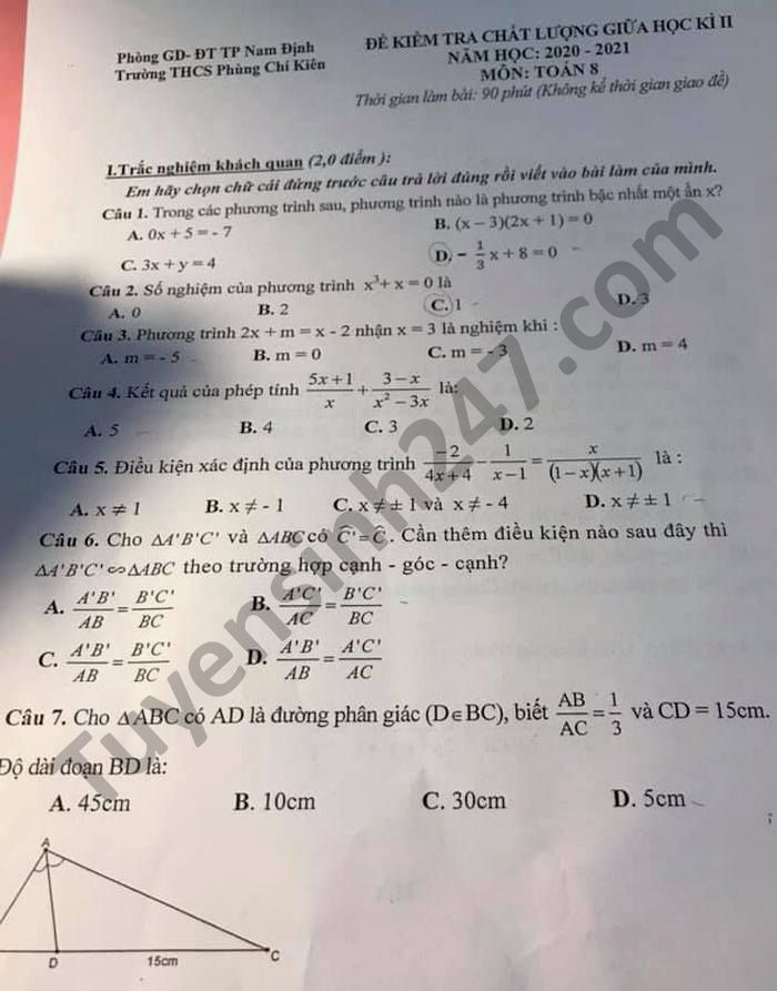 Đề thi giữa học kì 2 năm 2021 Toán lớp 8 THCS Phùng Chí Kiên