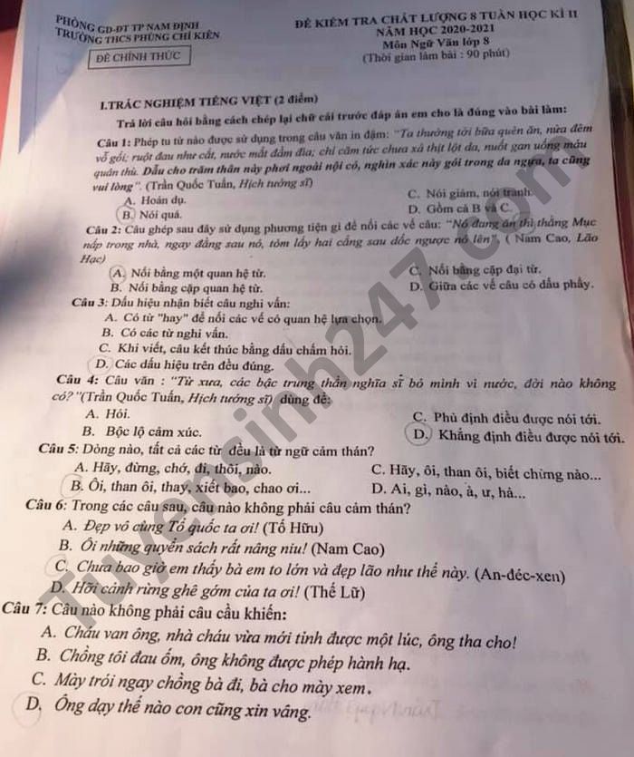 Đề thi giữa học kì 2 Văn lớp 8 THCS Phùng Chí Kiên năm 2021