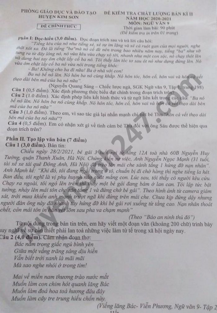 Đề thi giữa học kì 2 huyện Kim Sơn năm 2021 môn Văn lớp 9 