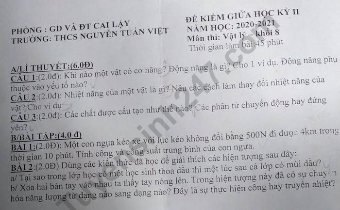 Đề thi giữa kì 2 lớp 8 môn Lý 2021 - THCS Nguyễn Tuấn Việt