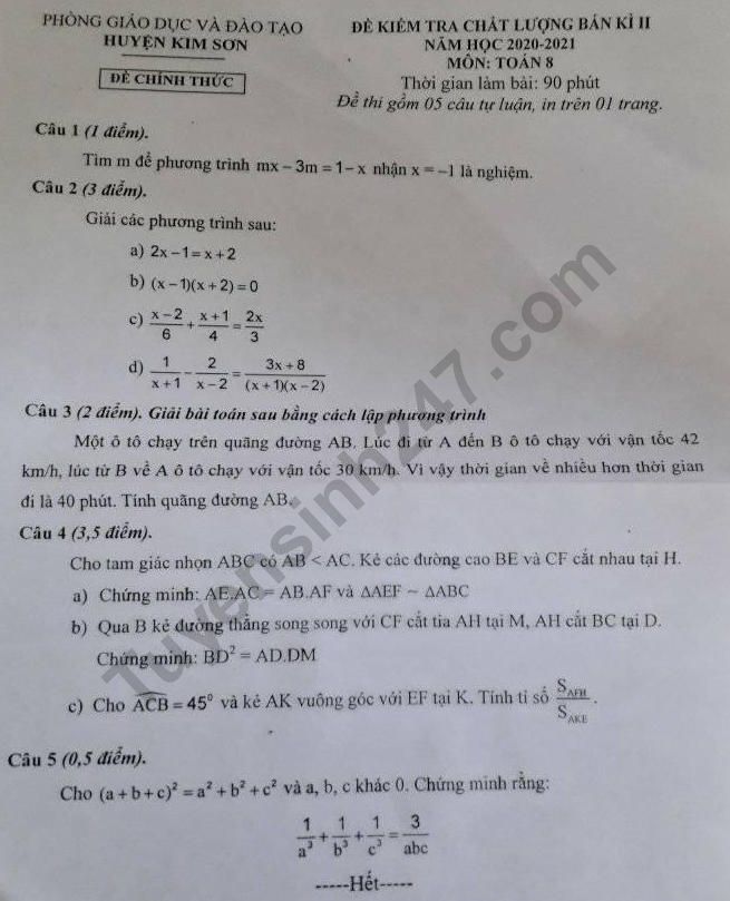 Đề thi giữa kì 2 môn Toán lớp 8 - Phòng GD Kim Sơn 2021