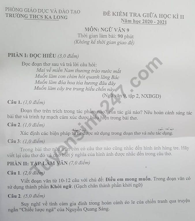 Đề thi giữa kì 2 lớp 9 môn Văn - THCS Ka Long 2021