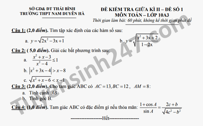 Đề kiểm tra giữa kì 2 môn Toán lớp 10 THPT Nam Duyên Hà năm 2021