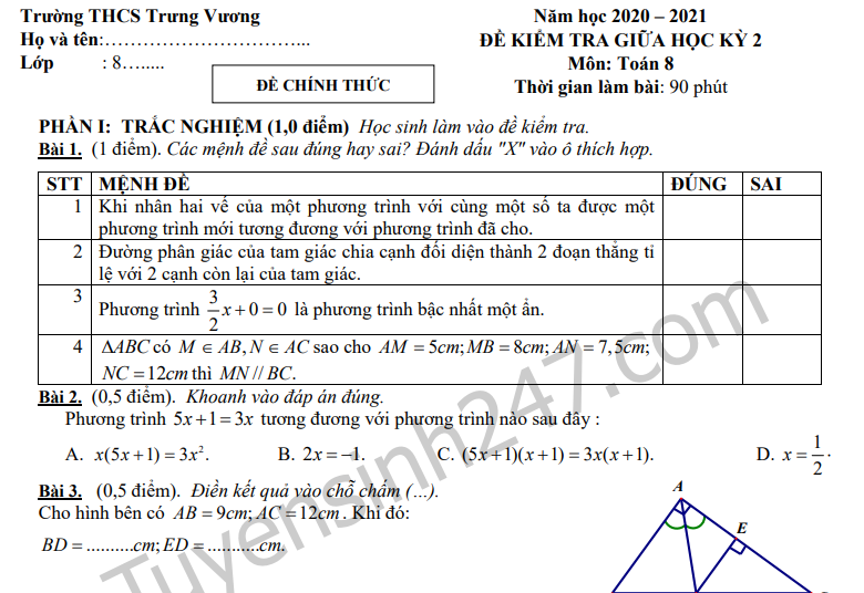 Đề thi giữa kì 2 môn Toán lớp 8 THCS Trưng Vương 2021 - Có đáp án