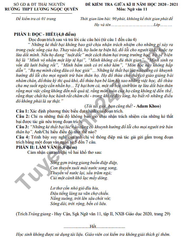 Đề thi giữa kì 2 THPT Lương Ngọc Quyến năm 2021 môn Văn lớp 11