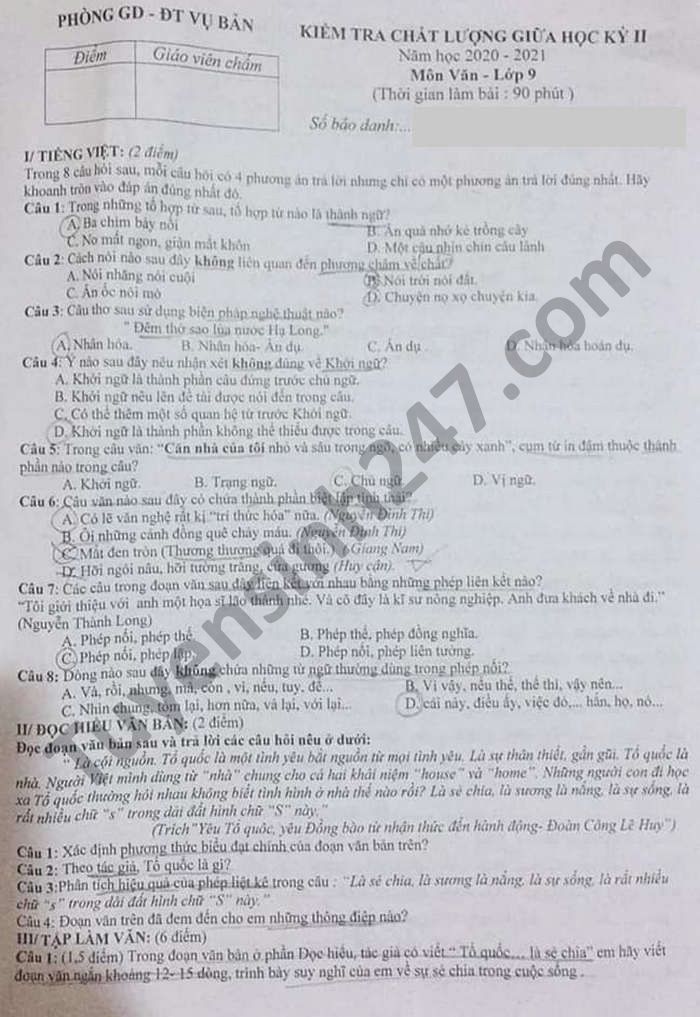 Đề thi giữa kì 2 huyện Vụ Bản năm 2021 môn Văn lớp 9 