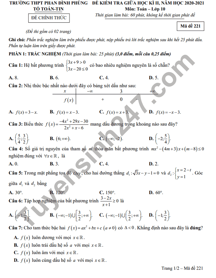 Đề thi giữa kì 2 THPT Phan Đình Phùng môn Toán lớp 10 năm 2021