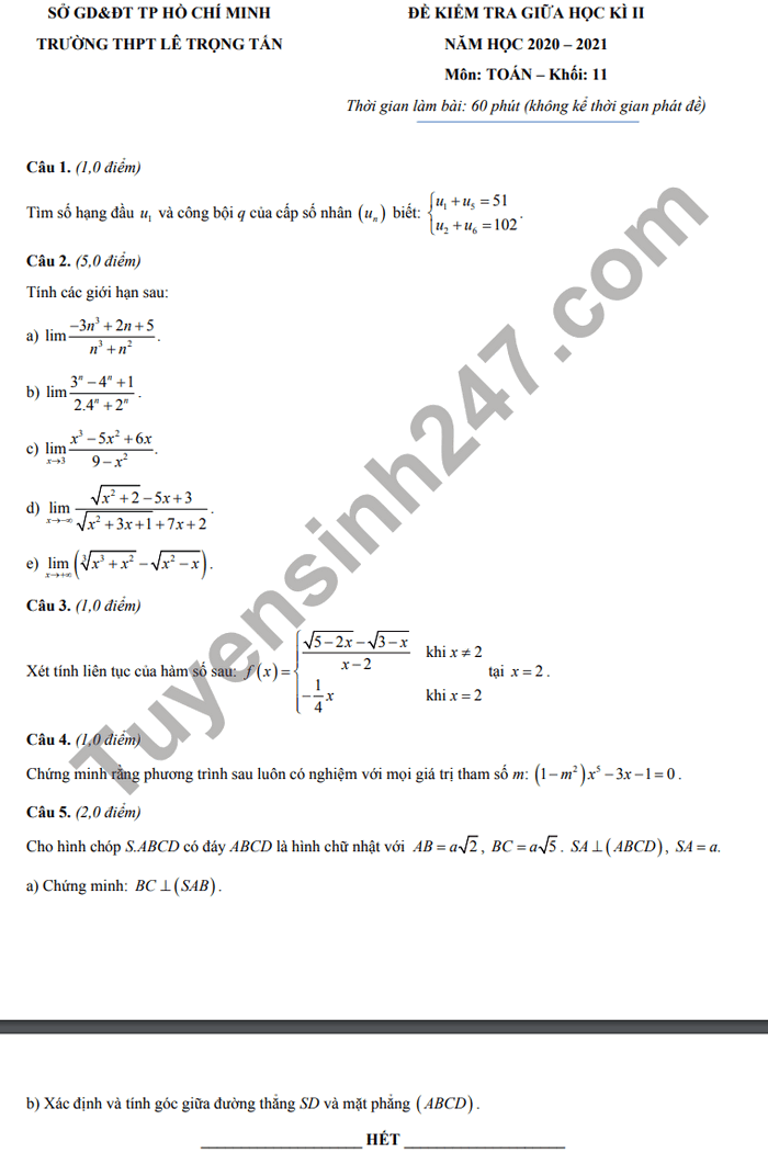 Đề thi giữa kì 2 môn Toán lớp 11 2021 THPT Lê Trọng Tấn