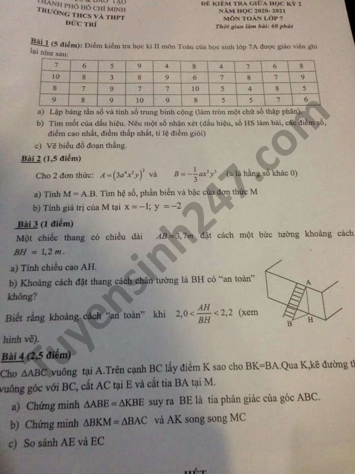 Đề thi giữa kì 2 THCS-THPT Đức Trí môn Toán lớp 7 năm 2021 