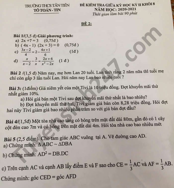 Đề thi giữa kì 2 môn Toán lớp 8 năm 2021 THCS Tân Tiến 