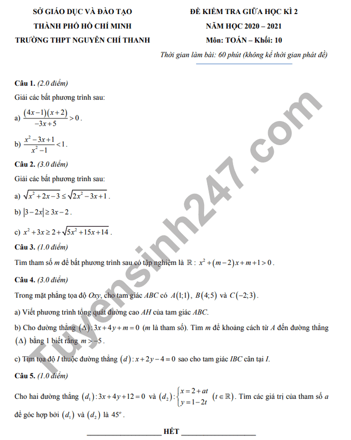 Đề thi giữa kì 2 năm 2021 môn Toán lớp 10 THPT Nguyễn Chí Thanh