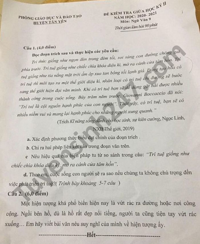 Đề thi giữa kì 2 huyện Tân Yên năm 2021 môn Văn lớp 9 