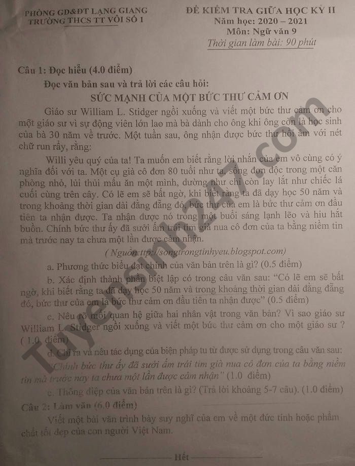 Đề thi giữa kì 2 THCS Thị trấn Vôi số 1 năm 2021 môn Văn lớp 9  