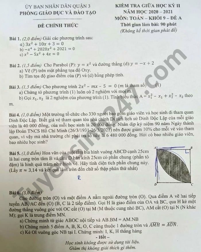 Đề thi giữa kì 2 Phòng GD Quận 3 năm 2021 môn Toán lớp 9 