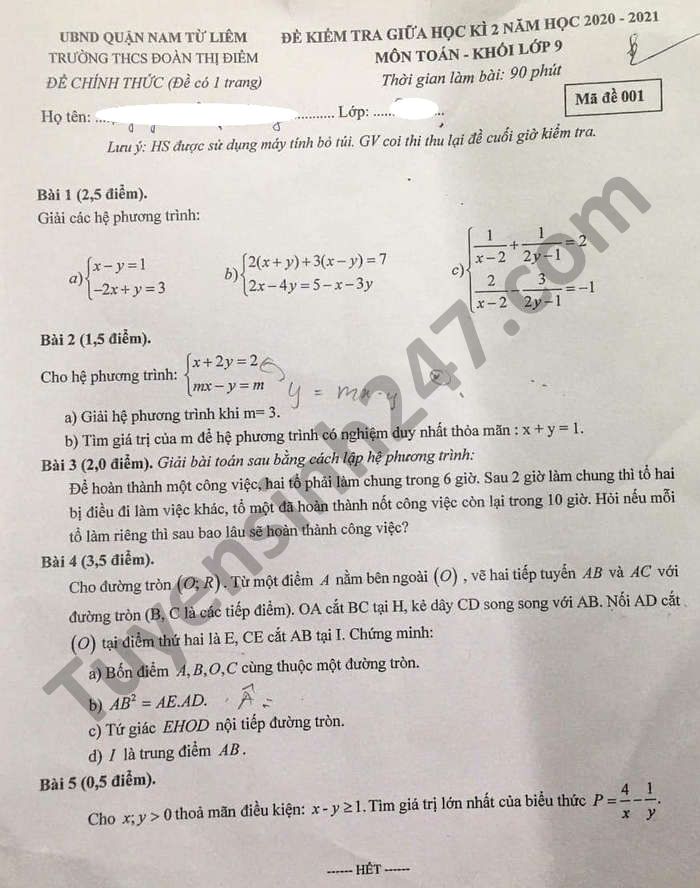 Đề thi giữa kì 2 môn Toán lớp 9 năm 2021 THCS Đoàn Thị Điểm