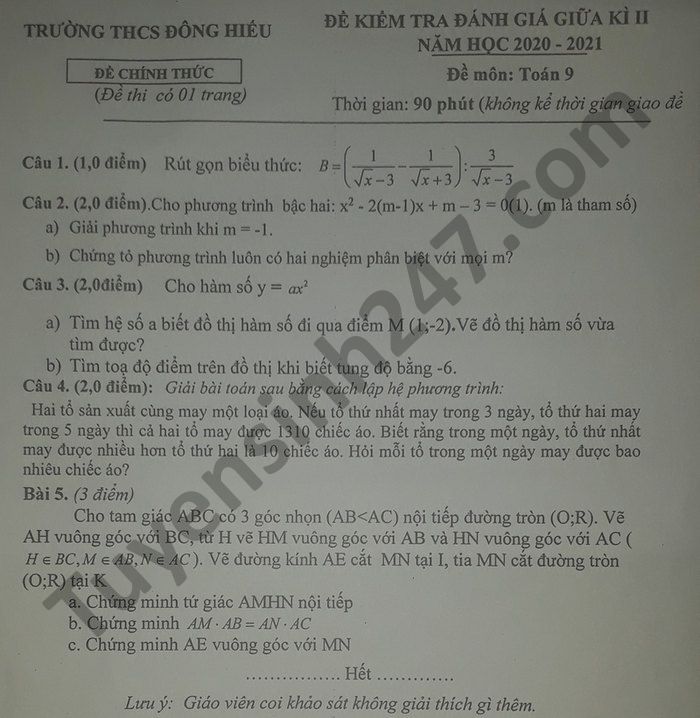 Đề thi giữa kì 2 THCS Đông Hiếu năm 2021 môn Toán lớp 9 