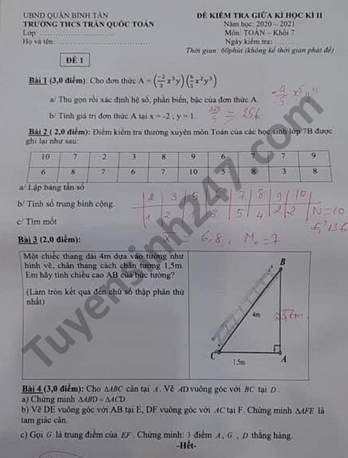 Đề thi giữa kì 2 Toán lớp 7 THCS Trần Quốc Toản năm 2021 