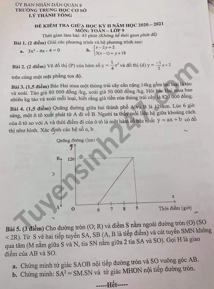 Đề thi giữa kì 2 môn Toán lớp 9 năm 2021 THCS Lý Thánh Tông