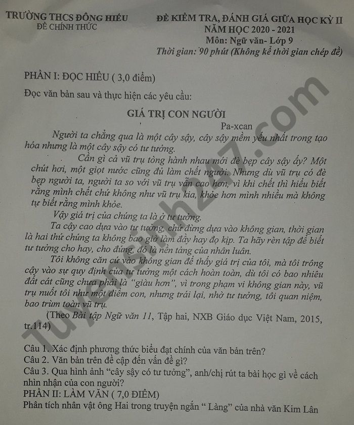Đề thi giữa kì 2 môn Văn lớp 9 năm 2021 THCS Đông Hiếu