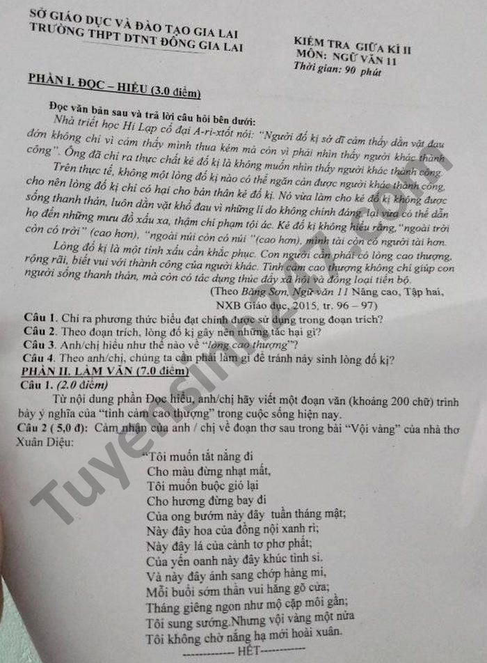 Đề thi giữa kì 2 THPT DTNT Đông Gia Lai năm 2021 môn Văn lớp 11