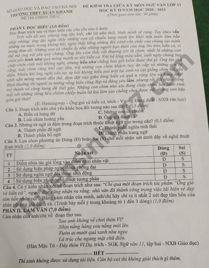 Đề thi giữa kì 2 năm 2021 môn Văn lớp 11 THPT Xuân Khanh