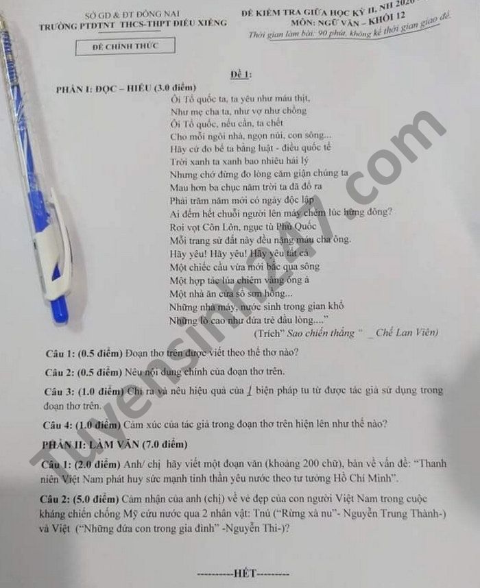 Đề thi giữa kì 2 PTDTNT THCS-THPT Điểu Xiểng 2021 Văn lớp 12