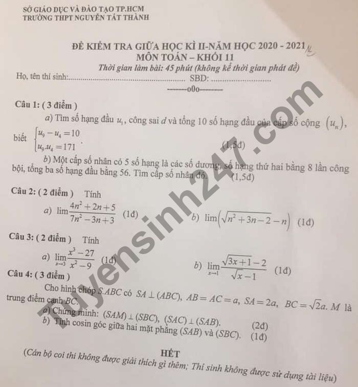 Đề thi giữa kì 2 năm 2021 THPT Nguyễn Tất Thành môn Toán lớp 11