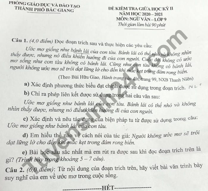 Đề thi giữa học kì 2 lớp 9 môn Văn - TP Bắc Giang 2021