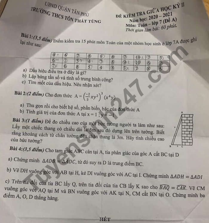 Đề thi giữa học kì 2 môn Toán lớp 7 THCS Tôn Thất Tùng 2021